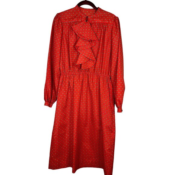 Handmade Retro Floral Dress S Red Ruffle Mod Classic Chic 70s Workwear Boho - Picture 1 of 10
